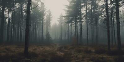 ai gegenereerd. ai generatief. de nevel magie mist nacht donker Woud boom oerwoud landschap achtergrond. eng natuur buitenshuis avontuur onderzoeken reizen uitstraling stijl. grafisch kunst foto