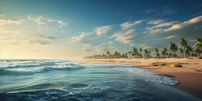 ai gegenereerd. ai generatief. avontuur vakantie landschap visie van paradijs eiland zand kust met palmen Aan zonsondergang. vakantie ontspannende achtergrond uitstraling. grafisch kunst foto
