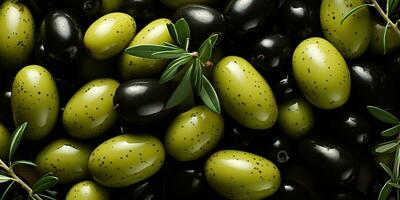 ai gegenereerd. ai generatief. zwart en groen olijven gezond biologisch groenten mengen decoratie patroon achtergrond. grafisch kunst foto