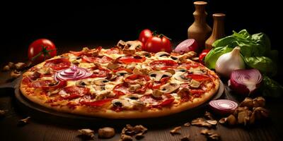 ai gegenereerd. ai generatief. traditioneel Italiaans peperoni pizza voedsel. beroemd smakelijk snel voedsel maaltijd gebakken vers keuken. grafisch kunst foto