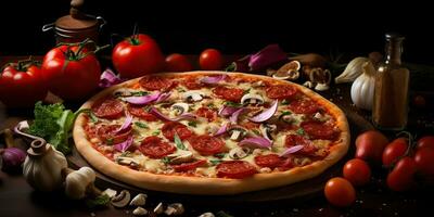ai gegenereerd. ai generatief. traditioneel Italiaans peperoni pizza voedsel. beroemd smakelijk snel voedsel maaltijd gebakken vers keuken. grafisch kunst foto