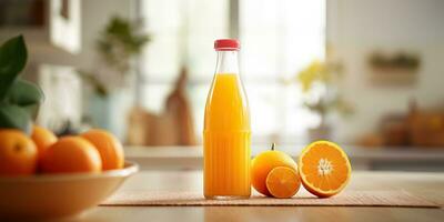 ai gegenereerd. ai generatief. oranje sap niet glas ware Aan keuken helder dag tafel bespotten omhoog achtergrond. gezond ochtend- vitamine c. grafisch kunst foto