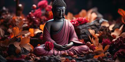 ai gegenereerd. ai generatief. cultuur geschiedenis Aziatisch Indisch religie Boeddha standbeeld figuur met natuur roze planten achtergrond. kalmte kom tot rust liefde vrede binnenste uitstraling. grafisch kunst foto