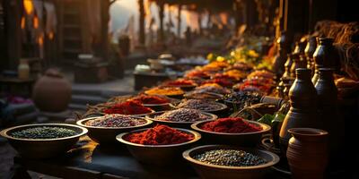 ai gegenereerd. ai generatief. traditioneel Arabisch Indisch Aziatisch Marokko kruid producten Bij dag huiselijk markt op te slaan winkel bazaar. gezond biologisch Product. grafisch kunst foto