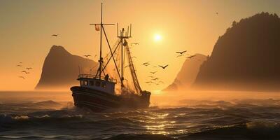 ai gegenereerd. ai generatief. nautische marinier marine zeegezicht zee oceaan landschap visvangst krab boot schip. avontuur reizen onderzoeken zeil vangen Verzenden. grafisch kunst foto