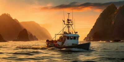 ai gegenereerd. ai generatief. nautische marinier marine zeegezicht zee oceaan landschap visvangst krab boot schip. avontuur reizen onderzoeken zeil vangen Verzenden. grafisch kunst foto