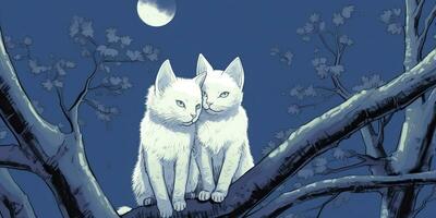 ai gegenereerd. ai generatief. twee katten zittend Bij nacht in voorkant van de maan samen. liefde romantisch Valentijn post kaart uitstraling. grafisch kunst foto