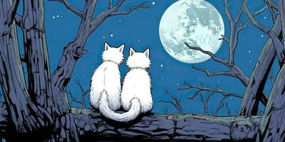 ai gegenereerd. ai generatief. twee katten zittend Bij nacht in voorkant van de maan samen. liefde romantisch Valentijn post kaart uitstraling. grafisch kunst foto