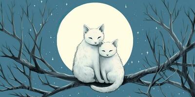 ai gegenereerd. ai generatief. twee katten zittend Bij nacht in voorkant van de maan samen. liefde romantisch Valentijn post kaart uitstraling. grafisch kunst foto