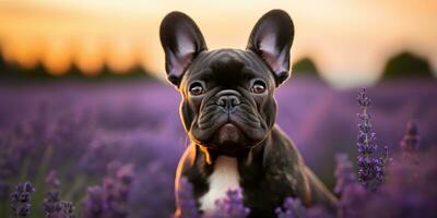 ai gegenereerd. ai generatief. frenchie Frans bulldog hond schattig gezicht portret Bij lavendel veld- platteland buitenshuis natuur. grafisch kunst foto