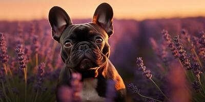 ai gegenereerd. ai generatief. frenchie Frans bulldog hond schattig gezicht portret Bij lavendel veld- platteland buitenshuis natuur. grafisch kunst foto