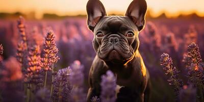 ai gegenereerd. ai generatief. frenchie Frans bulldog hond schattig gezicht portret Bij lavendel veld- platteland buitenshuis natuur. grafisch kunst foto