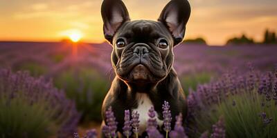 ai gegenereerd. ai generatief. frenchie Frans bulldog hond schattig gezicht portret Bij lavendel veld- platteland buitenshuis natuur. grafisch kunst foto