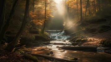 ai gegenereerd. ai generatief. Woud boom oerwoud waterval klein. avontuur natuur buitenshuis landschap reizen trekking uitstraling. grafisch kunst foto