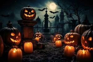 pompoenen in begraafplaats in de spookachtig nacht. halloween jack O lantaarn met een onheil gezicht. ai gegenereerd foto