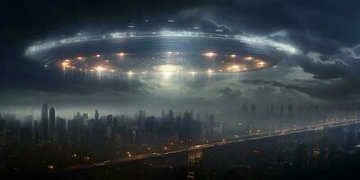 ai gegenereerd. ai generatief. buitenaards wezen ruimteschip moederschip ufo heelal invasie. donker nacht ligh stad stad- landschap. toekomst fantasie realiteit. grafisch kunst foto