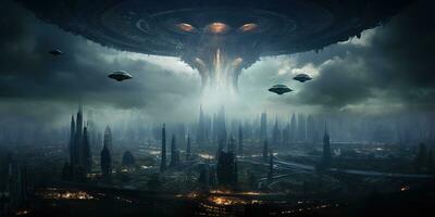 ai gegenereerd. ai generatief. buitenaards wezen ruimteschip moederschip ufo heelal invasie. donker nacht ligh stad stad- landschap. toekomst fantasie realiteit. grafisch kunst foto