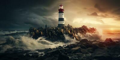 ai gegenereerd. ai generatief. nautische marinier marine landschap met vuurtoren Aan rots kust lijn met reusachtig golven. zee avonturen ontdekken. grafisch kunst foto