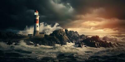 ai gegenereerd. ai generatief. nautische marinier marine landschap met vuurtoren Aan rots kust lijn met reusachtig golven. zee avonturen ontdekken. grafisch kunst foto