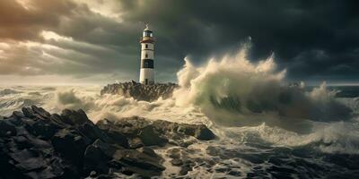 ai gegenereerd. ai generatief. nautische marinier marine landschap met vuurtoren Aan rots kust lijn met reusachtig golven. zee avonturen ontdekken. grafisch kunst foto