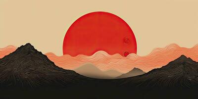 ai gegenereerd. ai generatief. Japans Aziatisch minimalistisch landschap achtergrond. natuur buitenshuis zon berg zonsondergang zonsopkomst vakantie avontuur visie. grafisch kunst foto