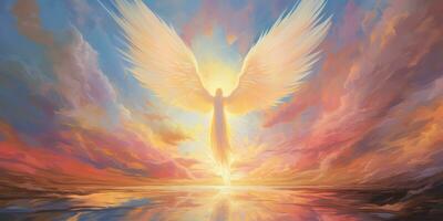 ai gegenereerd. ai generatief. gloeiend licht vliegend engel in de hemel. religie geestelijk geloof christen Katholiek Jezus mythologie uitstraling. grafisch kunst foto