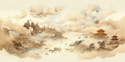 ai gegenereerd. ai generatief. oude Chinese tempel berg mist de nevel landschap. vakantie avontuur buitenshuis Aziatisch traditioneel tekening schilderij kunst. grafisch kunst foto