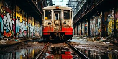 ai gegenereerd. ai generatief. tunnel verlaten ondergronds metro trein station met oud gebruikt trein het spoor. graffiti straat kunst cultuur misdrijf uitstraling. grafisch kunst foto