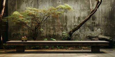 ai gegenereerd. ai generatief. stedelijk stad tuin park met beton steen muur en houten bank en boom. natuur buitenshuis ontspannende minimaal tijd. grafisch foto