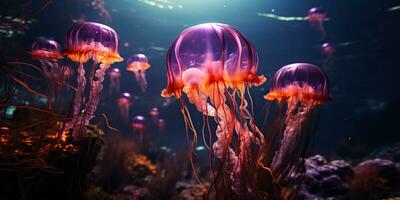 ai gegenereerd. ai generatief. rood kwal onderwater- dieren in het wild zee oceaan aquarium leven. grafisch kunst foto