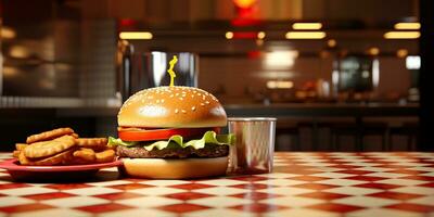 ai gegenereerd. ai generatief. snel voedsel Hamburger hamburger cheeseburger belegd broodje vers Fast food menu restaurant decoratie achtergrond. grafisch kunst foto