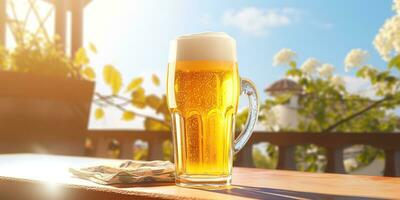 ai gegenereerd. ai generatief. bier mok glas kop Aan houten tafel. buitenshuis natuur bier drinken glas mockup decoratie achtergrond. grafisch kunst foto