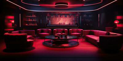 ai gegenereerd. ai generatief. vip privaat kamer Bij nachtclub interieur ontwerp. rood donker nacht leven stijl partij met rood sofa zitplaatsen. grafisch kunst foto
