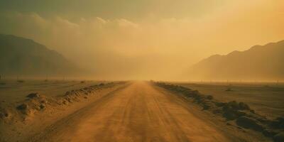 ai gegenereerd. ai generatief. zand woestijn heet vuil weg pad. buitenshuis Arizona western natuur landschap achtergrond. weg reis reizen avontuur onderzoeken uitstraling. grafisch kunst foto