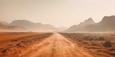 ai gegenereerd. ai generatief. zand woestijn heet vuil weg pad. buitenshuis Arizona western natuur landschap achtergrond. weg reis reizen avontuur onderzoeken uitstraling. grafisch kunst foto