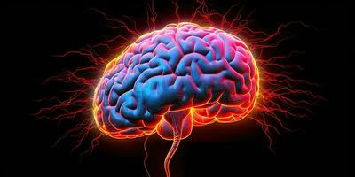 ai gegenereerd. ai generatief. menselijk neon hersenen hoofd dampgolf synthwave opnieuw magnetron helder wetenschap systeem onderwijs hologram. grafisch kunst foto