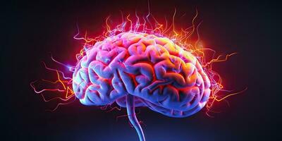 ai gegenereerd. ai generatief. menselijk neon hersenen hoofd dampgolf synthwave opnieuw magnetron helder wetenschap systeem onderwijs hologram. grafisch kunst foto