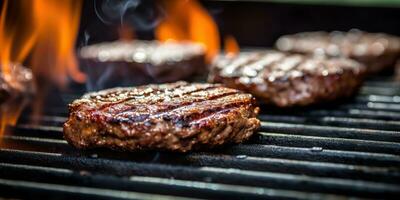 ai gegenereerd. ai generatief. bbq rooster barbecue steak brand vlam vlees voorbereidingen treffen sappig avondeten partij maaltijd. grafisch kunst foto