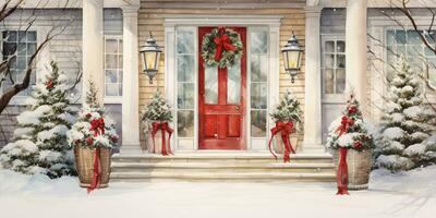 ai gegenereerd. ai generatief. Kerstmis vrolijk Kerstmis nieuw jaar decoratie decor achtergrond van huis huis voorkant deur veranda met slinger en vakantie decor. winter familie viering uitstraling. grafisch kunst foto
