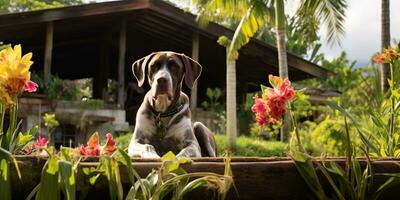 ai gegenereerd. ai generatief. Duitse kort haar- wijzer hond jager Bij tropisch bloemen planten tuin achtergrond. natuur buitenshuis wild landschap. grafisch kunst foto