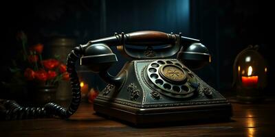 ai gegenereerd. ai generatief. klassiek retro wijnoogst antiek telefoon praten telefoon Aan houten tafel. grafisch kunst foto