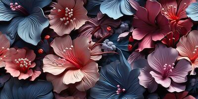 ai gegenereerd. ai generatief. hibiscus bloem fabriek bloemen botanisch exotisch tropisch bloesem patroon structuur achtergrond decoratie ontwerp. grafisch kunst foto
