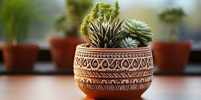 ai gegenereerd. ai generatief. decoratief abstract bloem cactus fabriek botanisch Aan rustiek hout tafel. decoratie knus huis uitstraling. grafisch kunst foto