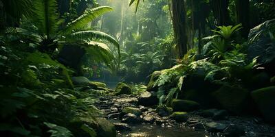 ai gegenereerd. ai generatief. wild tropisch oerwoud Woud park boom landschap. avontuur reizen riskant onderzoeken reis achtergrond landschap. grafisch kunst foto