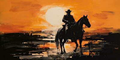 ai gegenereerd. ai generatief. western cowboy woestijn paard platteland landschap achtergrond. avontuur woestijn berg tafereel. grafisch kunst foto