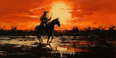 ai gegenereerd. ai generatief. western cowboy woestijn paard platteland landschap achtergrond. avontuur woestijn berg tafereel. grafisch kunst foto