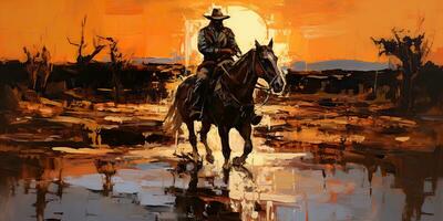 ai gegenereerd. ai generatief. western cowboy woestijn paard platteland landschap achtergrond. avontuur woestijn berg tafereel. grafisch kunst foto