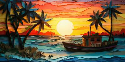ai gegenereerd. ai generatief. zonsondergang eiland tropisch paradijs palmen zee oceaan vakantie boot zeil poster. olie trek verf papier waterverf grafisch stijl. grafisch kunst foto