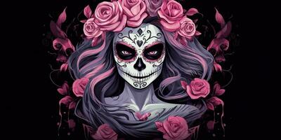 ai gegenereerd. ai generatief. Muertos Mexicaans Latijns dag van de dood vakantie carnaval vrouw maken omhoog suiker schedel gezicht. grafisch kunst foto