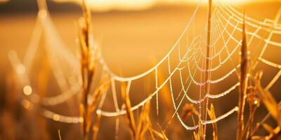 ai gegenereerd. ai generatief. zonneschijn spoderweb spin web Bij veld- weide hooi gras. natuur buitenshuis dieren in het wild. grafisch kunst foto